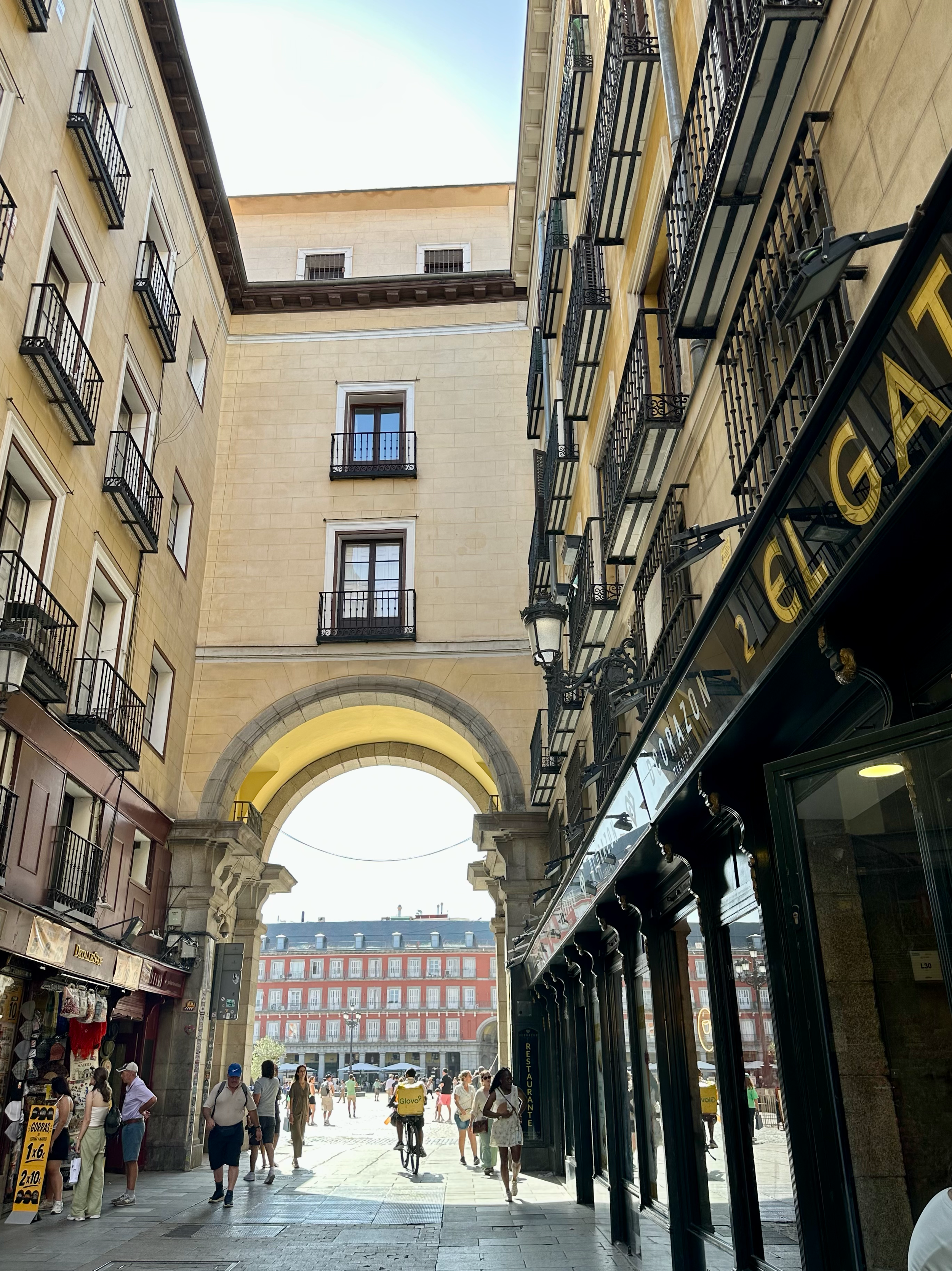 From Plaza del Sol, we made our way down Calle Mayor and turned to enter Plaza Mayor. This arched entryway is one of 10 that connect the streets of old Madrid to the square.  