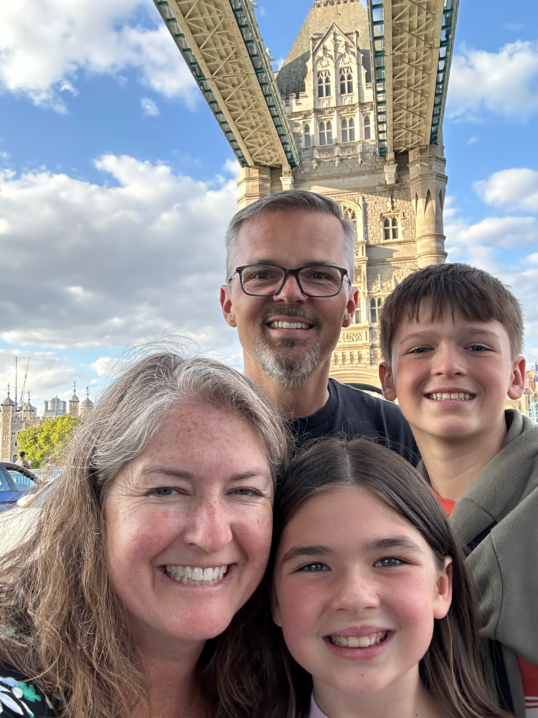 Standing in front of one of the towers (no we didn't go across the walking bridge this time). 