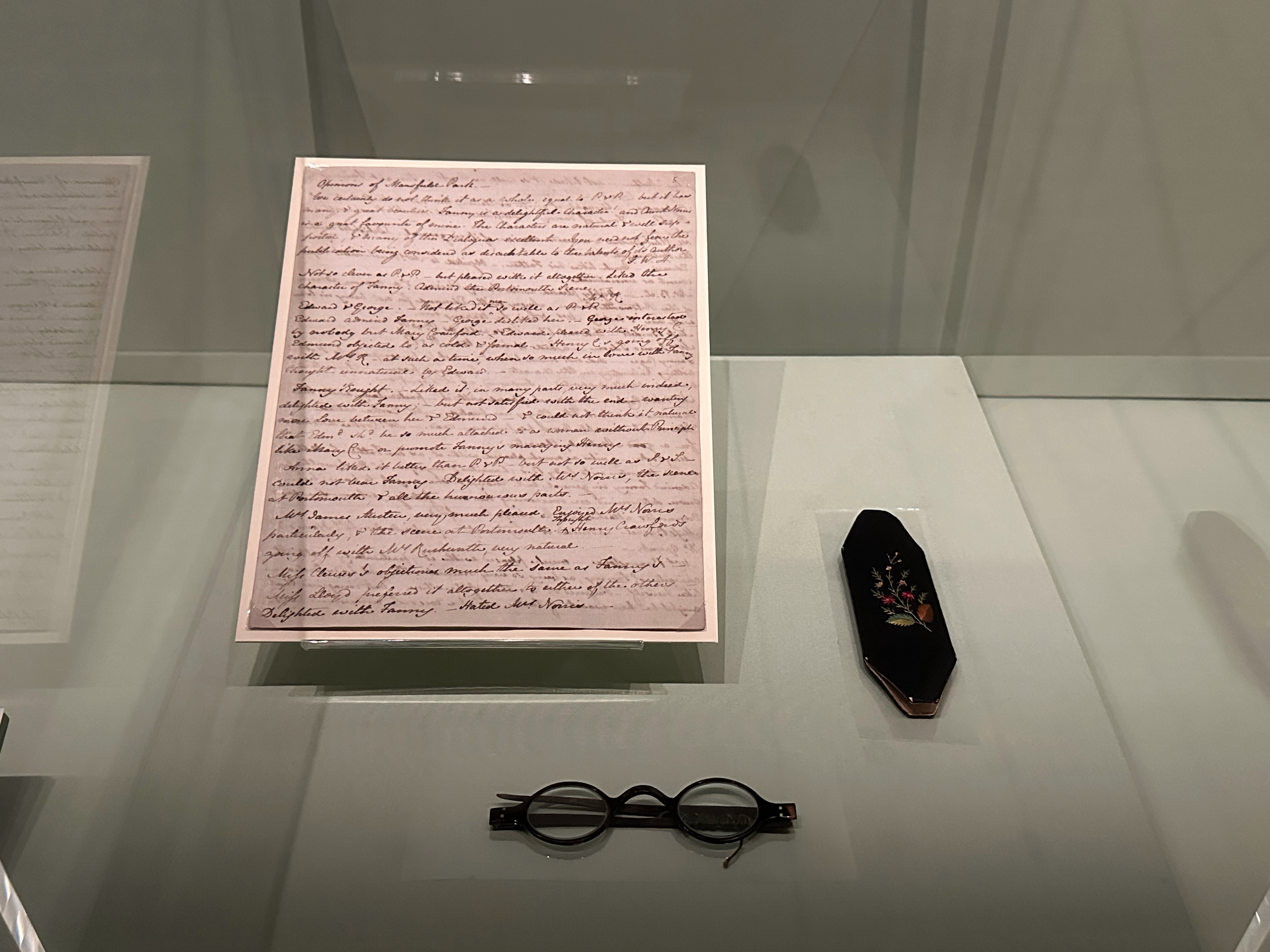 Jane Austen! "Opinions on Mansfied Park" along with a pair of her spectacles (1814).