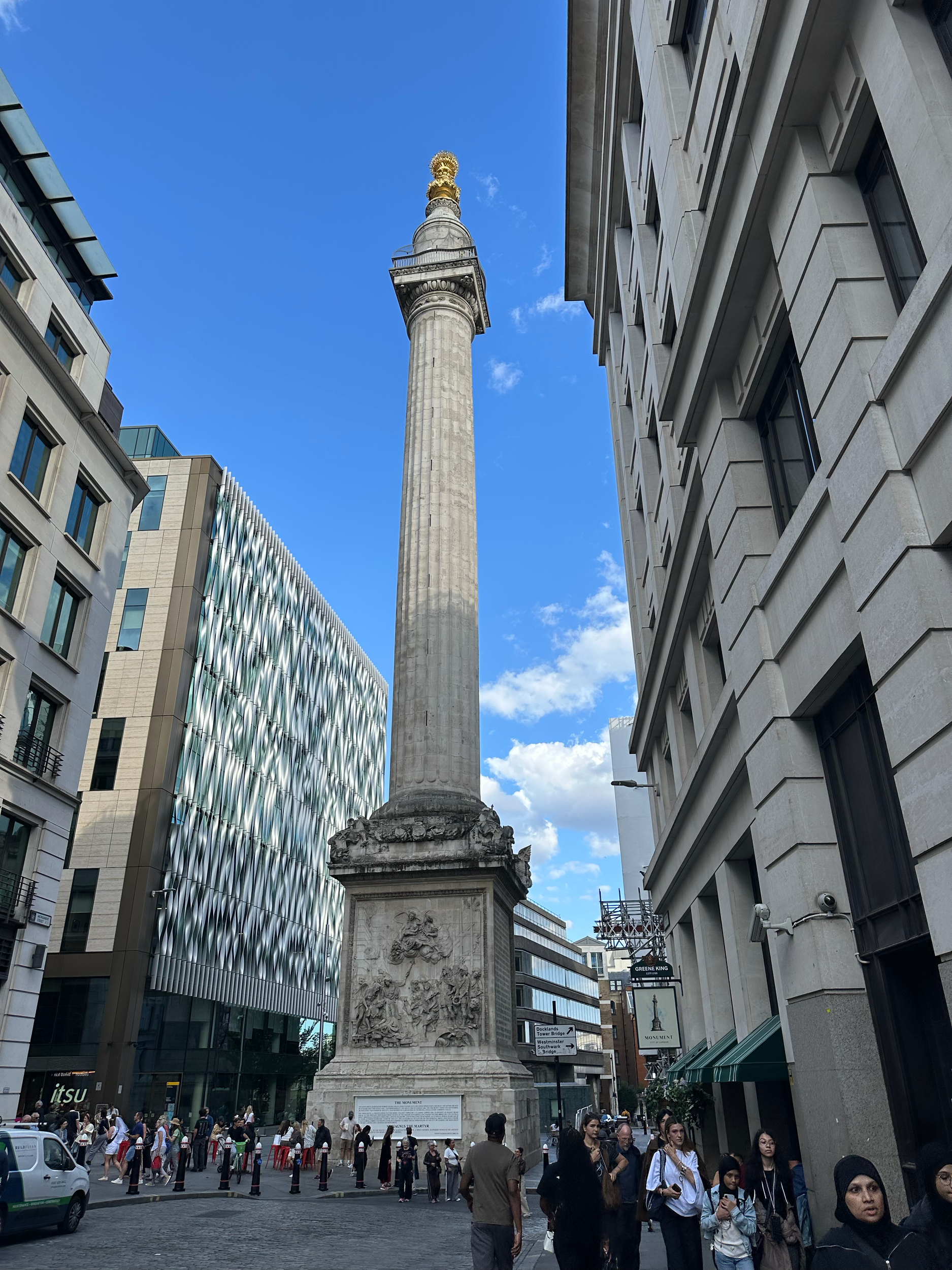 The Monument to the Great Fire of London was built during 1671-1677 to commemorate the Great Fire of 1666, which burned for 4 days and destroyed over 2/3rds of the city.  