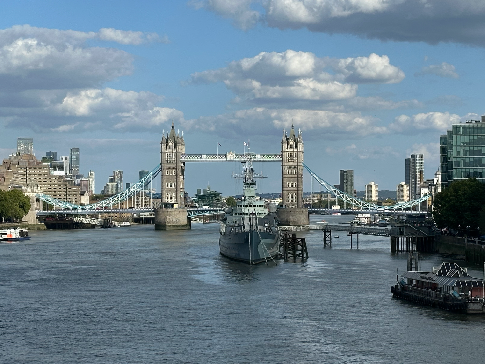 Looking at the Tower Bridge and HMS Belfast from the London Bridge
