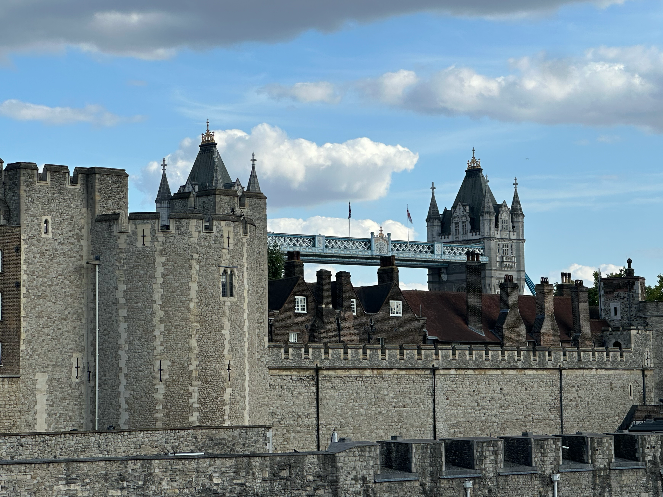 The Tower of London with the Tower Bridge in the background. We didn't stop at the Tower of London this time, but we have previously been there to see the Crown Jewels. William the Conquerer had this fortress built in 1066 and from then until the 17t
