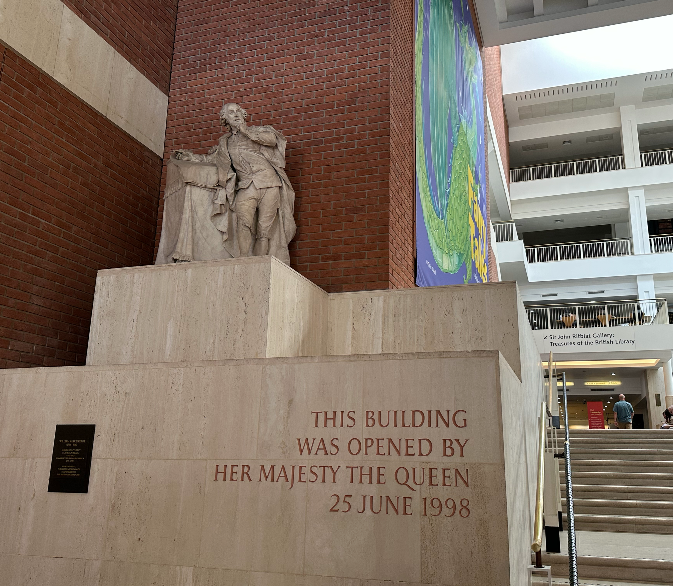 The British Library opened in 1998- noted here with a statue of William Shakespeare.