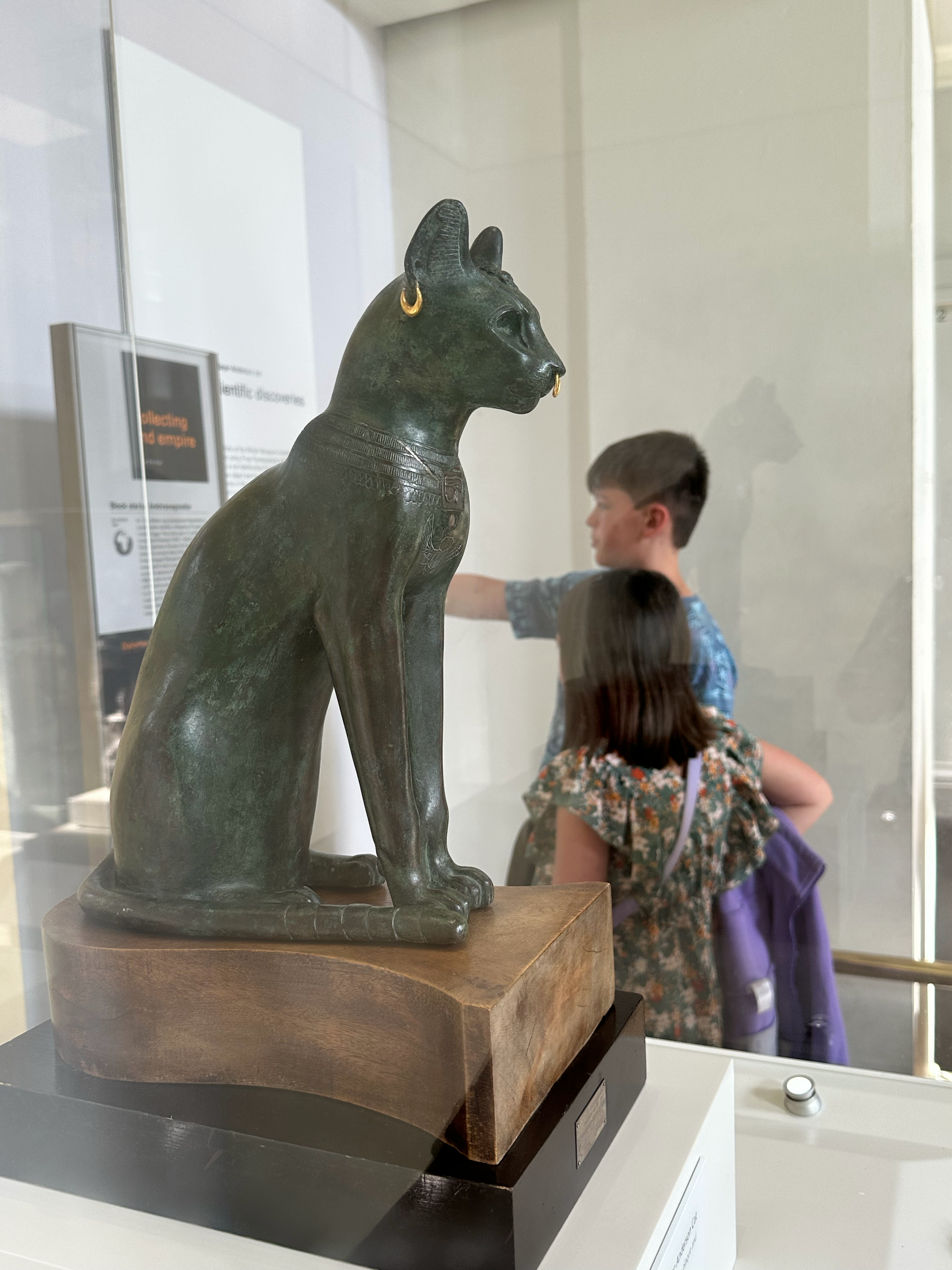 The Gayer-Anderson cat, named after Major Gayer-Anderson, who donated the sculpture to the British Museum.  The cat is a bronze sculpture dating back to around 600 B.C. and it most likely represents the goddess Bastet. The kids were reading through a