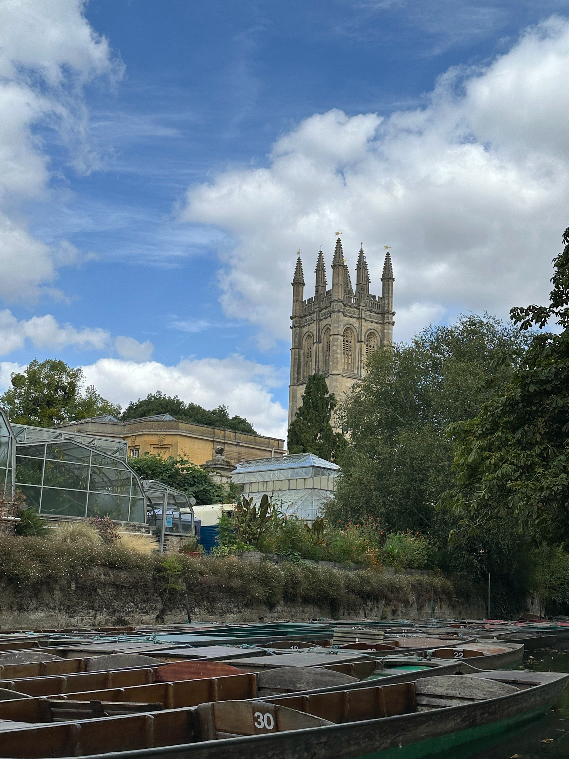 A view from the water- the Botanical Gardens of Oxford and in the background is another view of the Magdalen Bell Tower.  