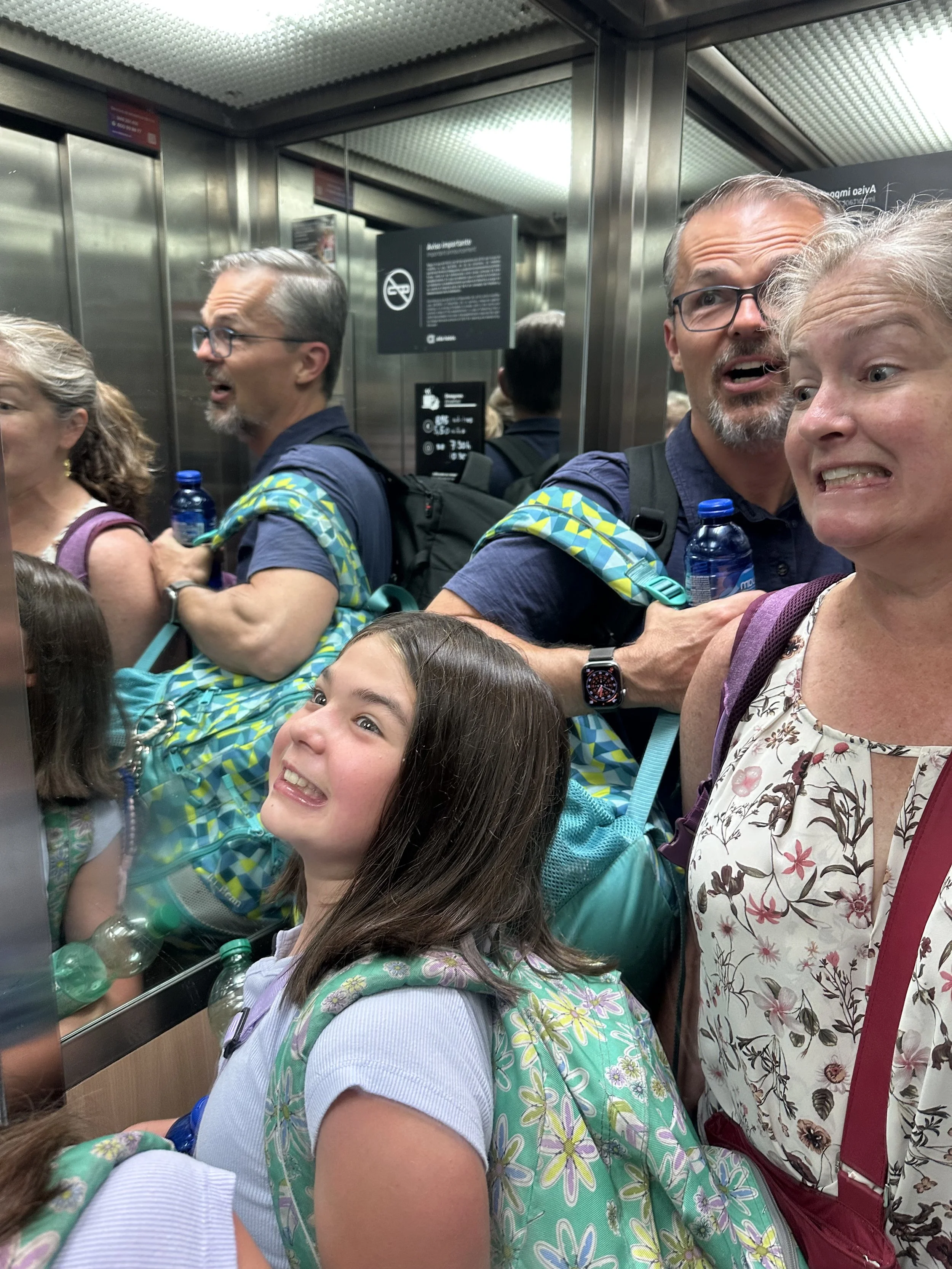 Generally, elevators seem to be small in Europe (maybe because they were mostly added into old buildings later?).  We didn't all fit into this elevator.