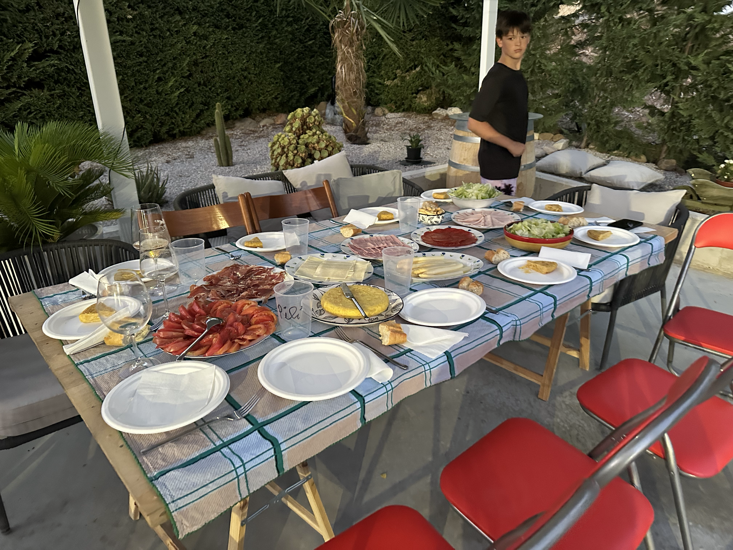 We had a grand feast after the eclipse, with special white asparagus prepared by Srta U's Aunt, fresh cut tomatoes, delicious salads, sliced meats and cheeses, and Spanish omelettes. So delicious!