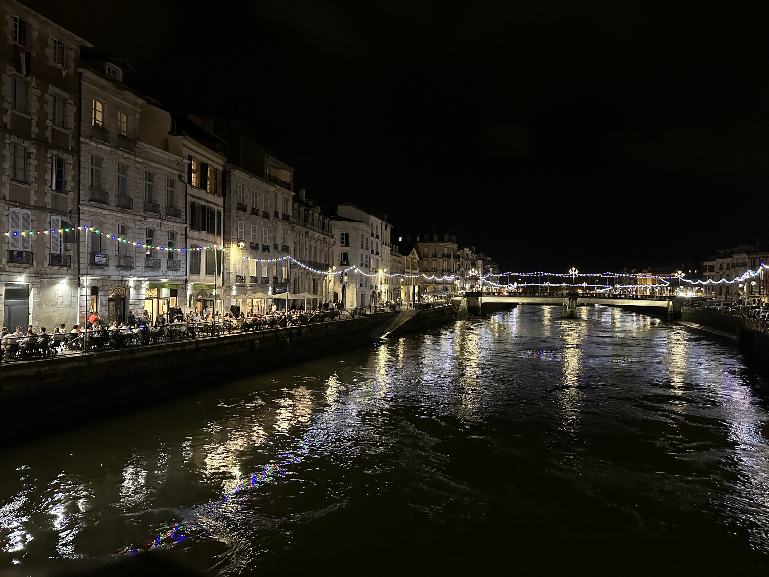 The river was lit up as we crossed it when leaving late at night.  We headed back to our hotel in San Jean de Luz for one final French evening. Tomorrow. back to Spain. 