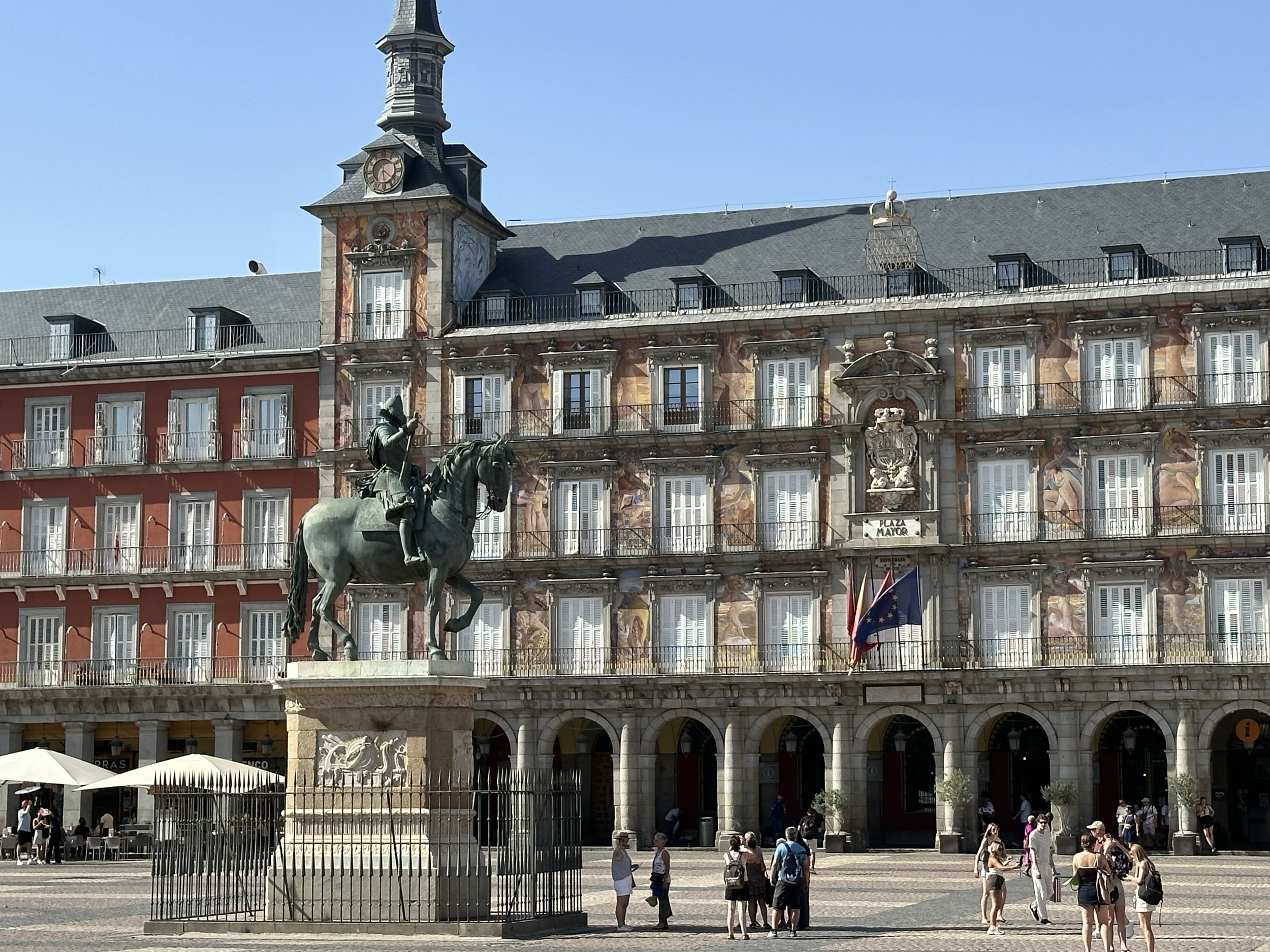 Plaza Mayor is rectangular in shape with shops on the bottom level and residences above.  There are 237 balconies overlooking the square. At the center of the square is the statue of King Philip III of Spain on his horse.  He reigned from 1598 until 