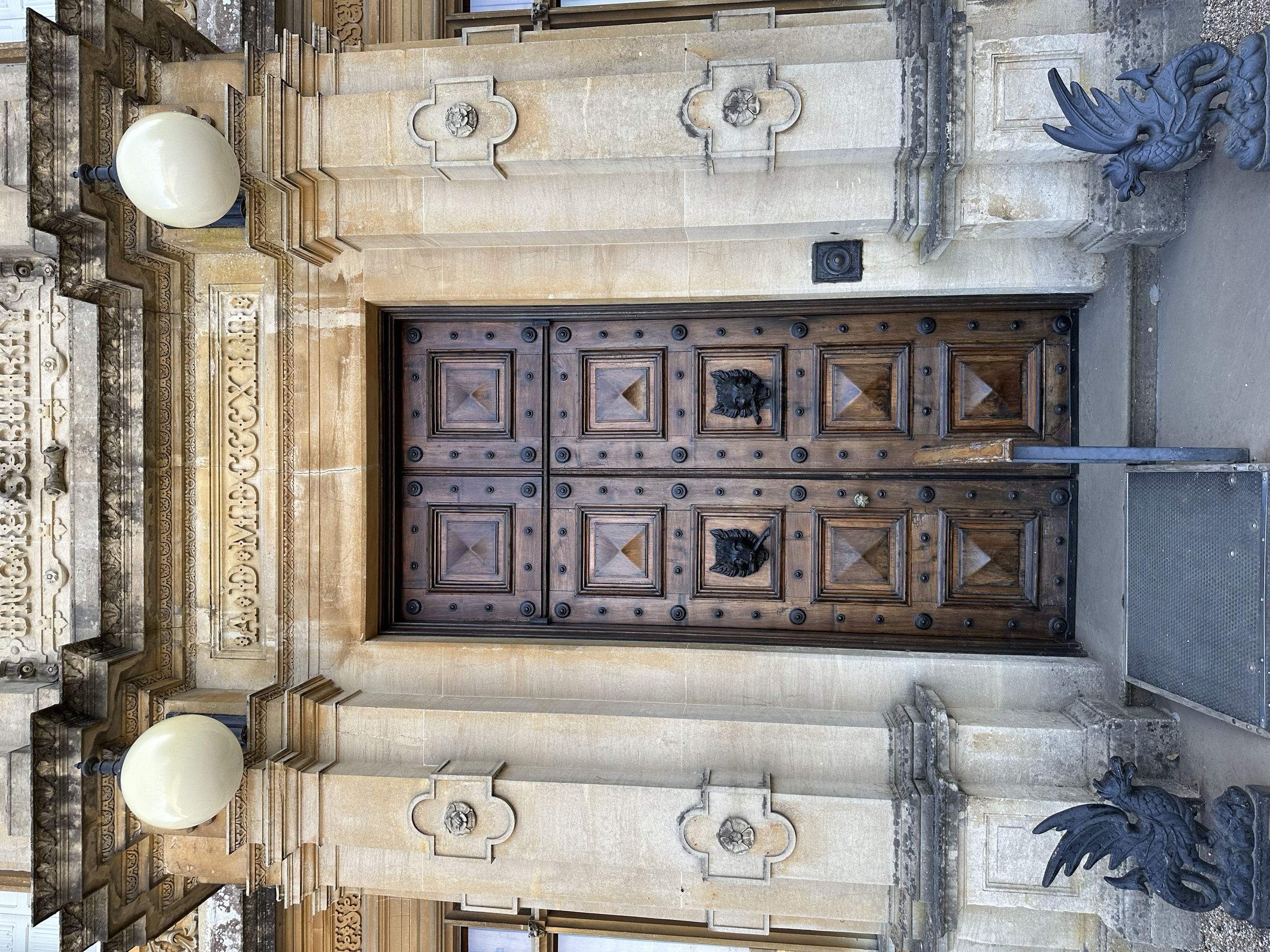 A close up of the front doors.