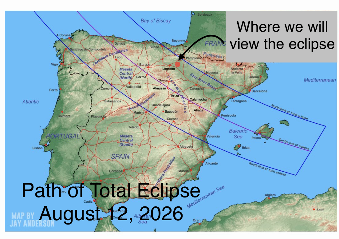 I found this image online (see credit on image) that shows the path of the total solar eclipse on August 12th.  We did not realize until the week before that we would be so close to the path of totality.  We had been planning to travel north that day