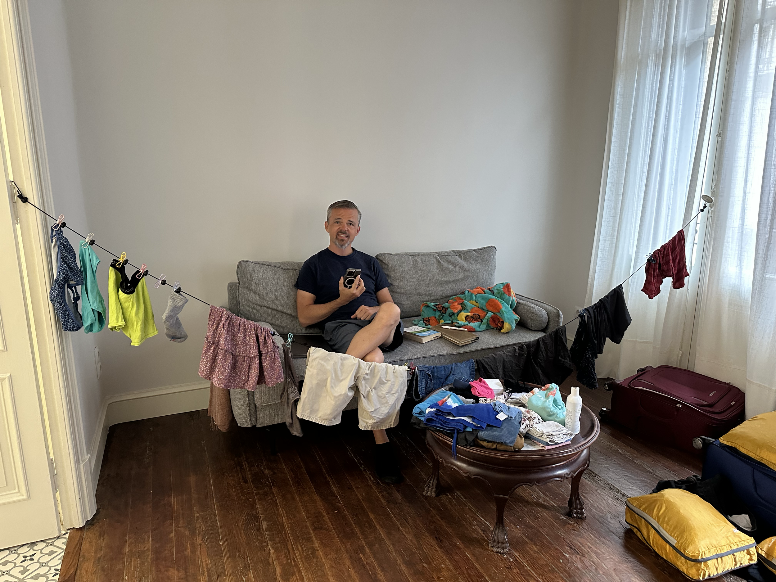 And back to reality.  Finding a way to hang clothes to dry and plan out our day with luggage spread all over the floor.