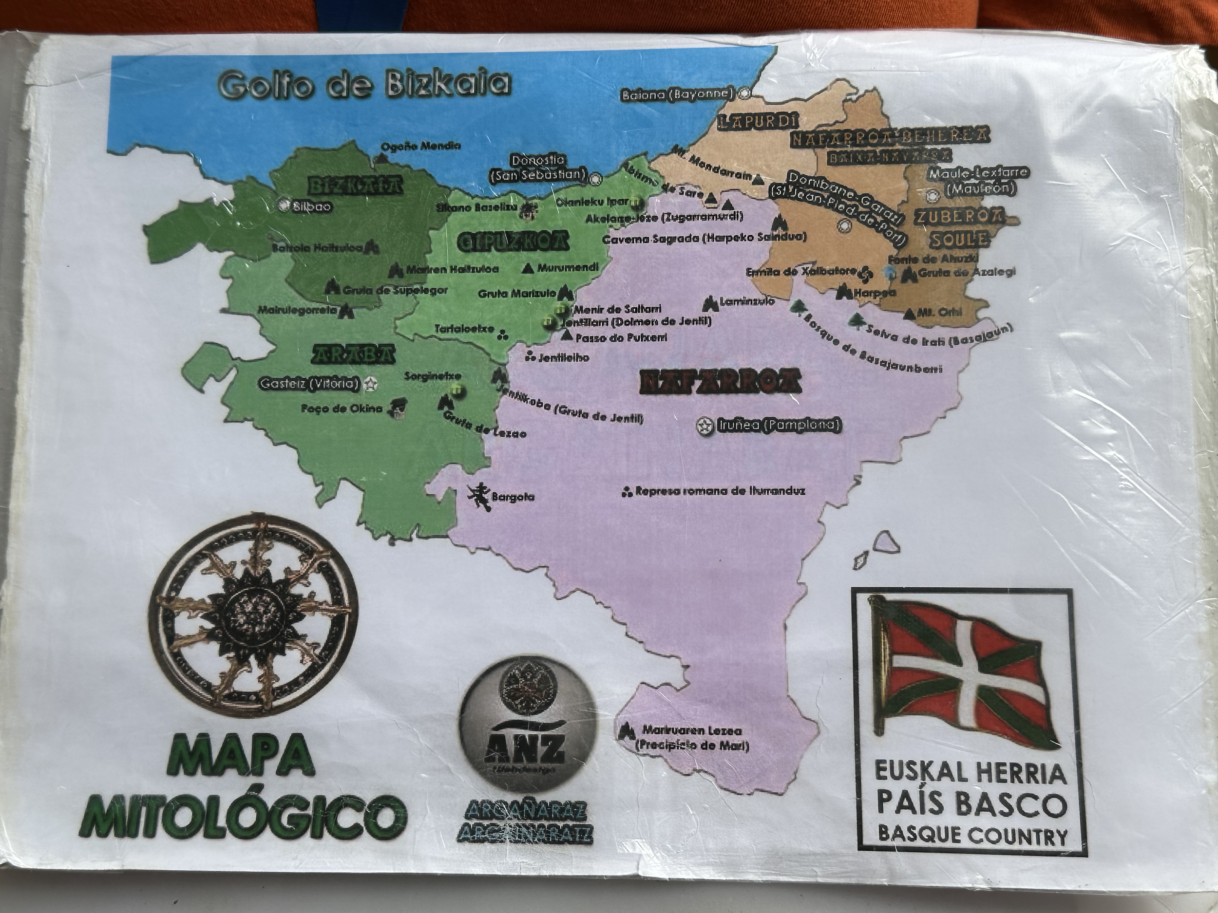 Maria had a map of the Basque region. The three tan regions are located in France. The three green regions are provinces in Spain with Vitoria-Gasteiz as the capital (according to our guide, San Sebastian and Bilbao are a bit of rivals, so the capita