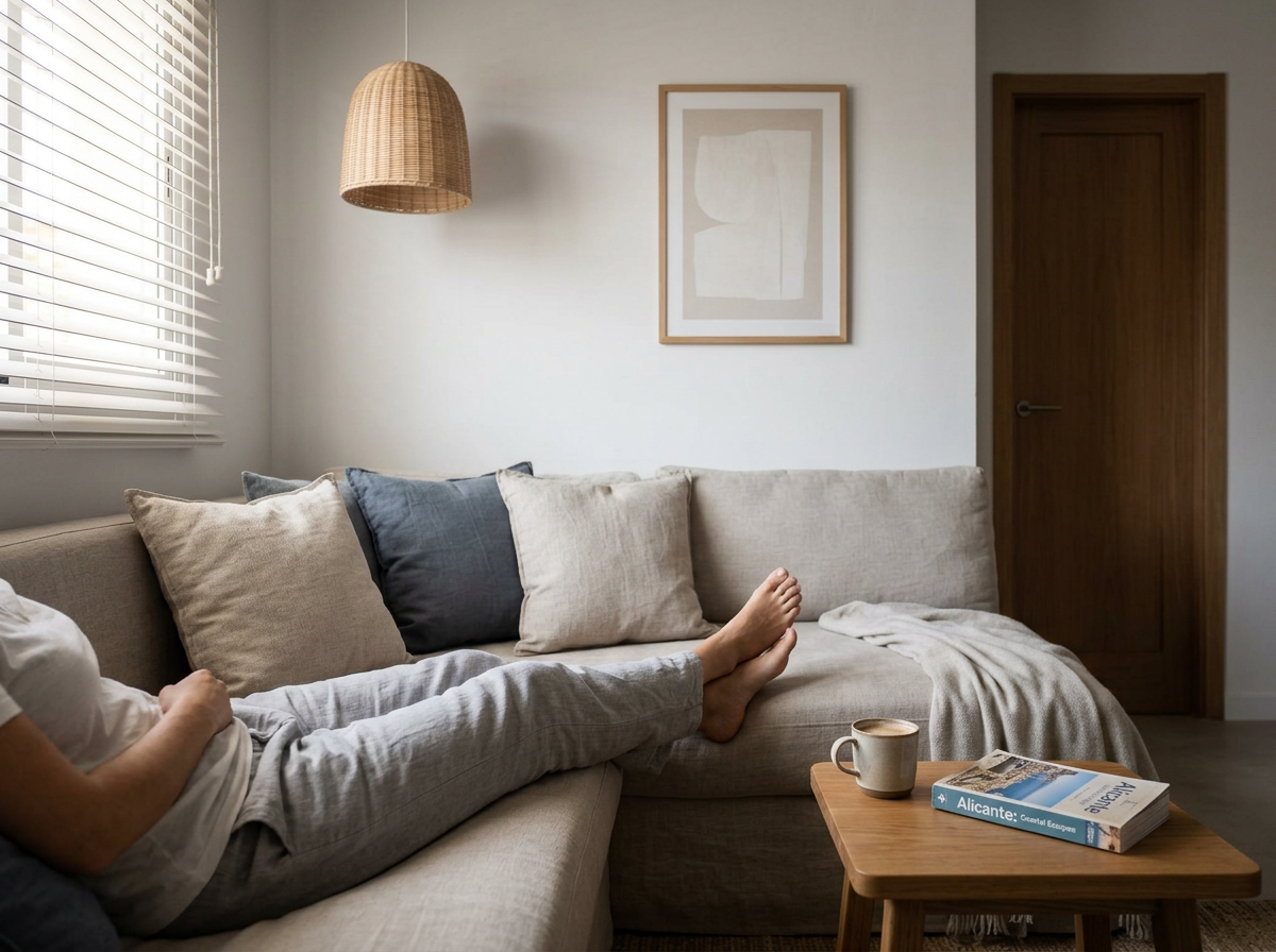 Living room with beige sofa, pillows, a wooden coffee table with a book and a mug, white walls, window with blinds, wooden door, and framed artwork.