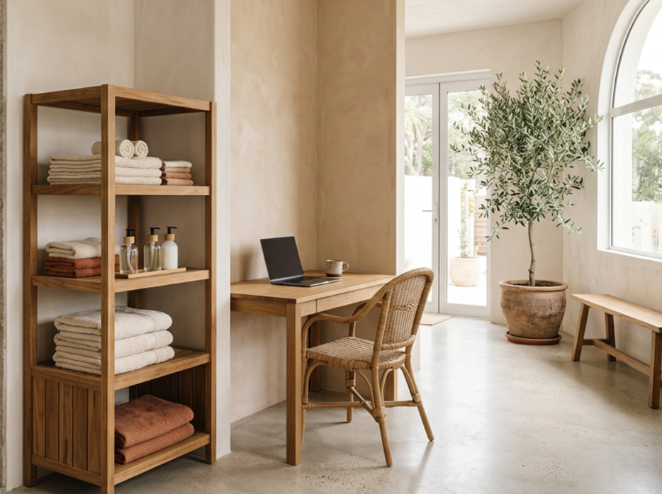 A cozy, minimalistic room with a wooden shelving unit filled with neatly folded towels and bottles, a wooden desk with a laptop and coffee mug, a wicker chair, a large potted plant, and a bench near a large arched window with glass doors, letting in natural light.
