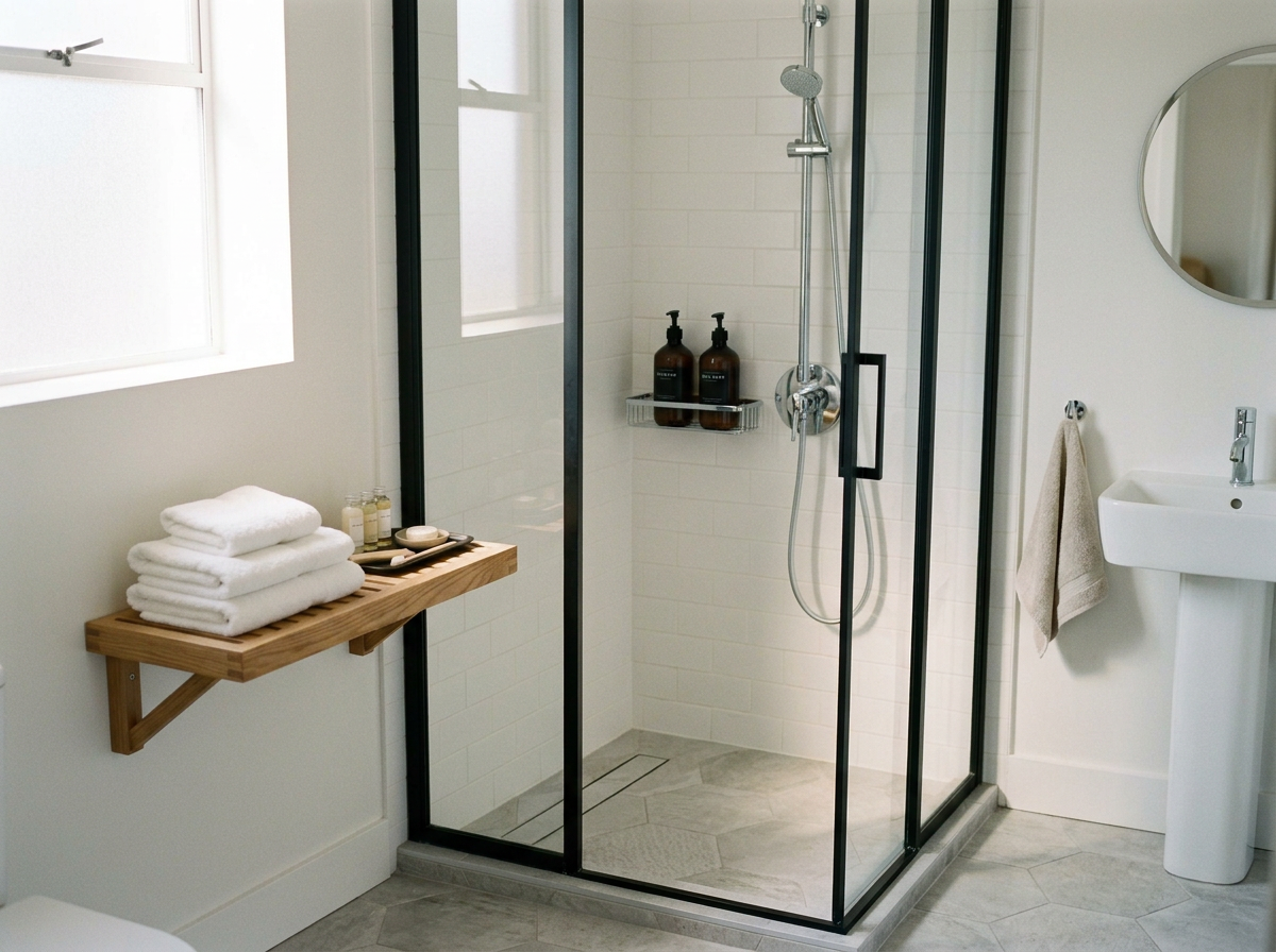 Bright bathroom with a glass shower enclosure, a white sink, a mirror, a towel, and a shelf with folded towels and toiletries.