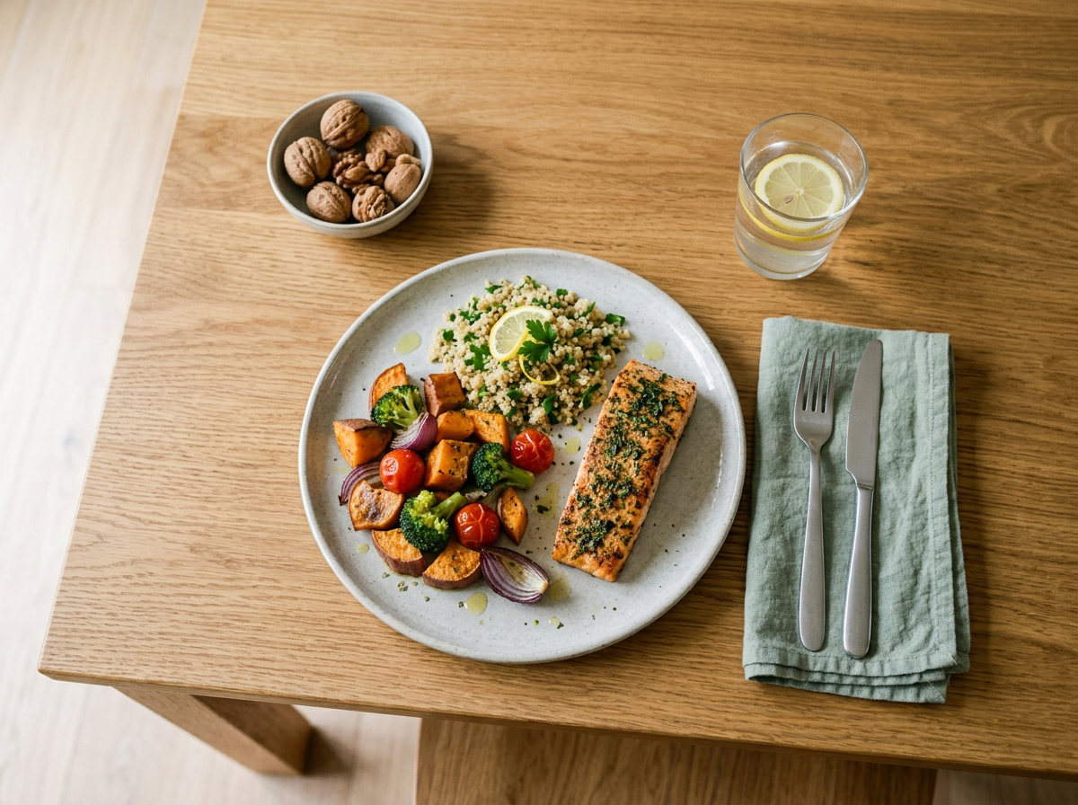 A plate with baked salmon, quinoa, and roasted vegetables, with a glass of lemon water and a bowl of walnuts.