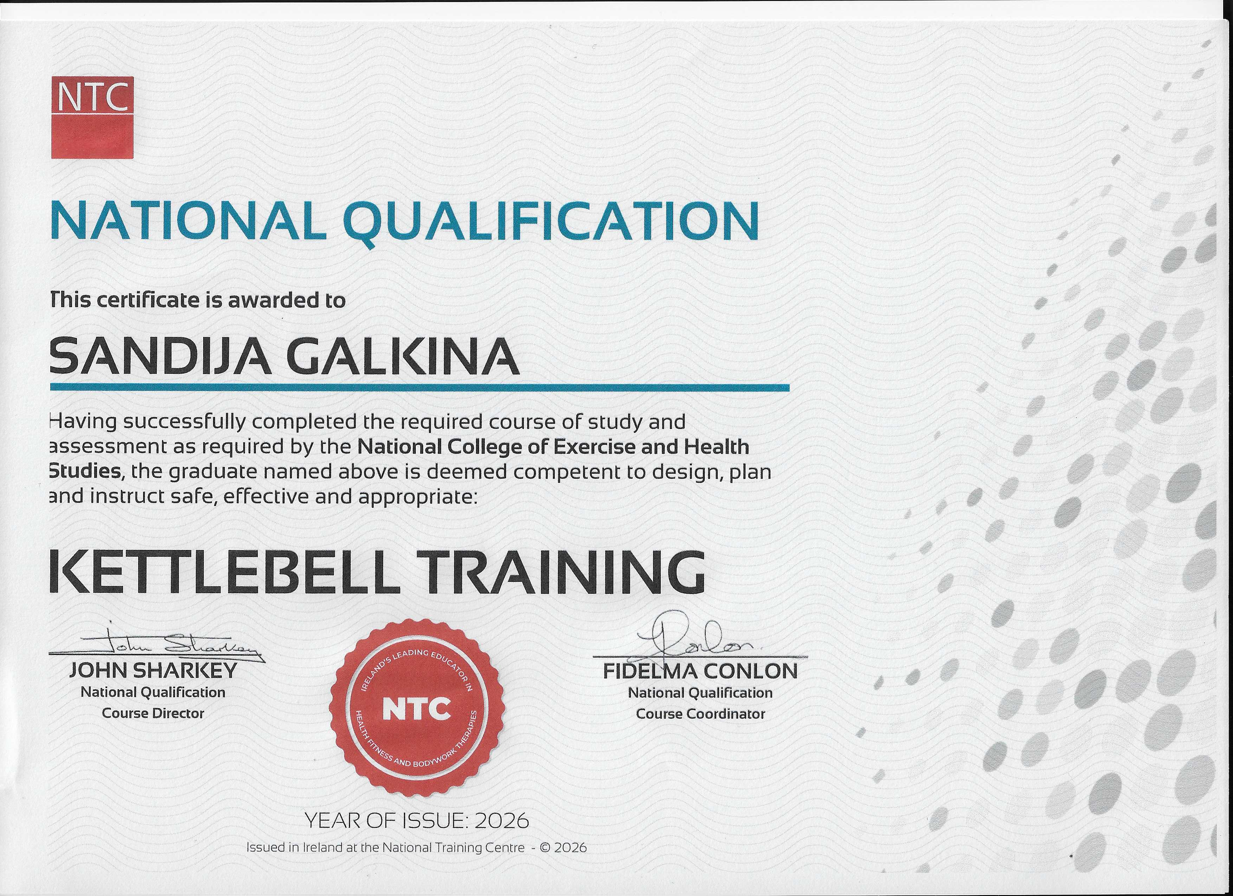 A certificate of qualification awarded to Sandija Galkina for kettlebell training, issued in Ireland in 2026 by the National Training Centre.