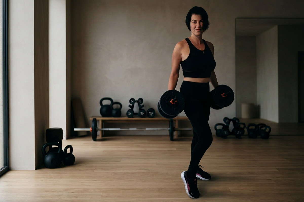 Woman lifting dumbbells in a gym with kettlebells, dumbbells, and a barbell in the background.