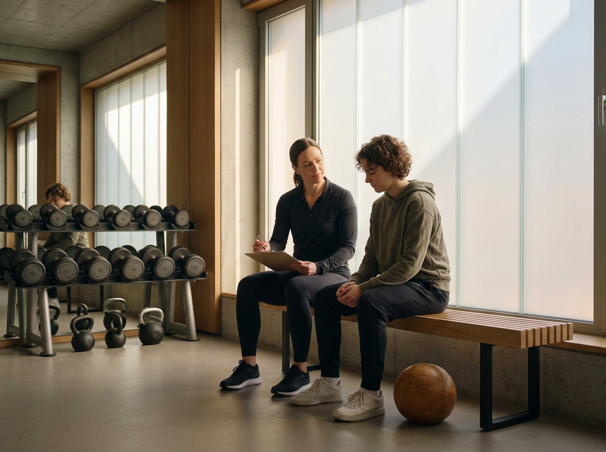 A woman and a young man sit on a wooden bench by a large window in a gym, having a conversation. The woman appears to be a trainer or coach, holding a clipboard and pen. The gym has a rack of dumbbells and kettlebells, and a medicine ball on the floor.