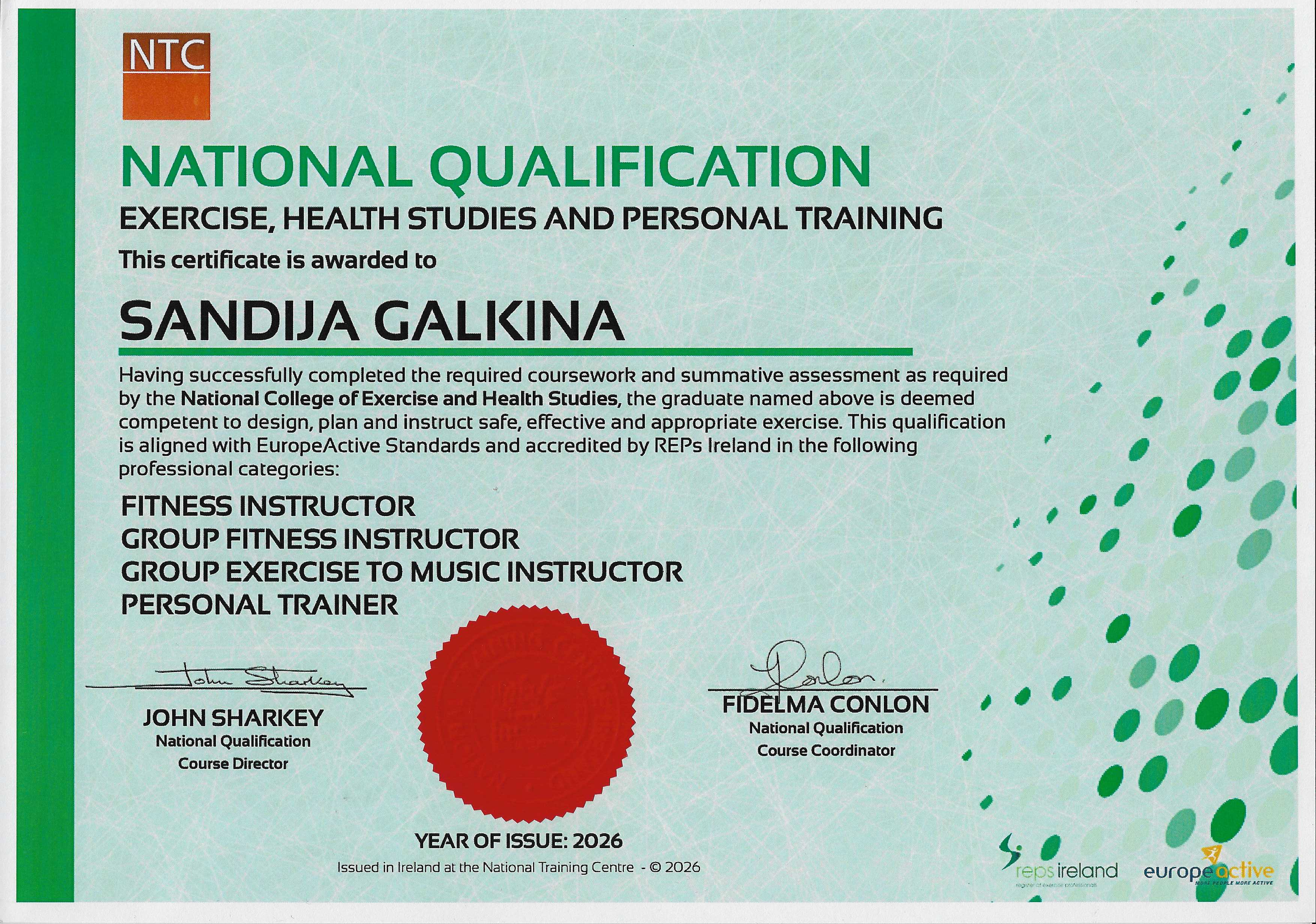 A certificate for National Qualification in Exercise, Health Studies, and Personal Training issued in Ireland at the National Training Centre in 2026. It features signatures, a red seal, and logos of Reps Ireland and Europe Active.