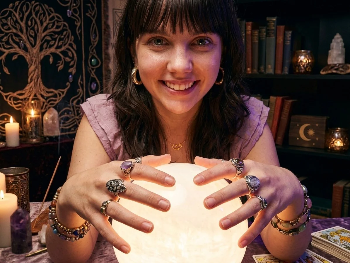 A woman with dark hair and multiple rings, earrings, bracelets, and a necklace is smiling and holding a glowing orb or lamp in front of her. She is sitting at a table with candles and tarot cards nearby, with books and mystical decorations in the background.
