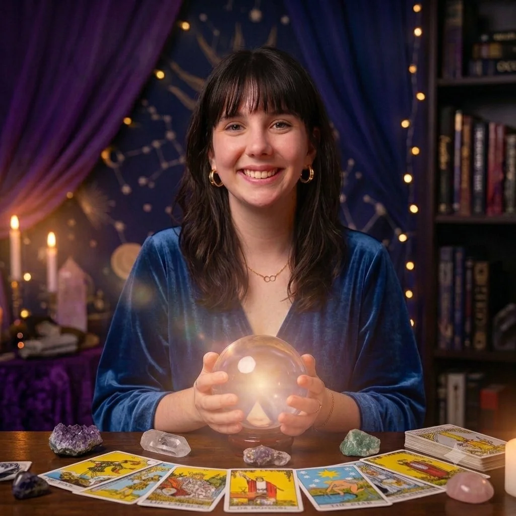 A woman with dark hair wearing a blue velvet top, smiling, holding a glowing crystal ball at a tarot card reading setup, with tarot cards, crystals, and candles on the table, in a decorated room with purple curtains and galaxy-themed backdrop.