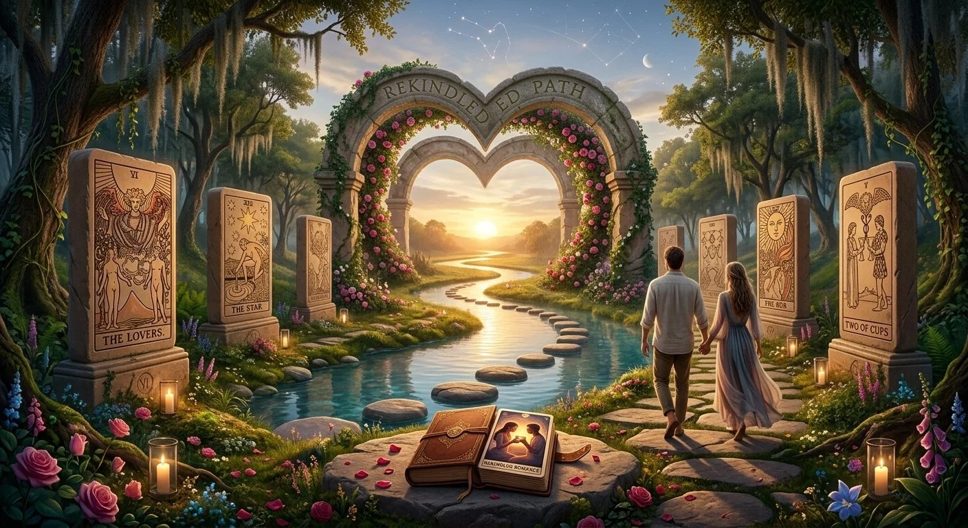 A romantic scene in a lush, enchanted forest at sunset with a man and woman holding hands and walking towards a heart-shaped arch decorated with flowers. Tarot cards and an open book with a romantic illustration are in the foreground, surrounded by candles and flowers.
