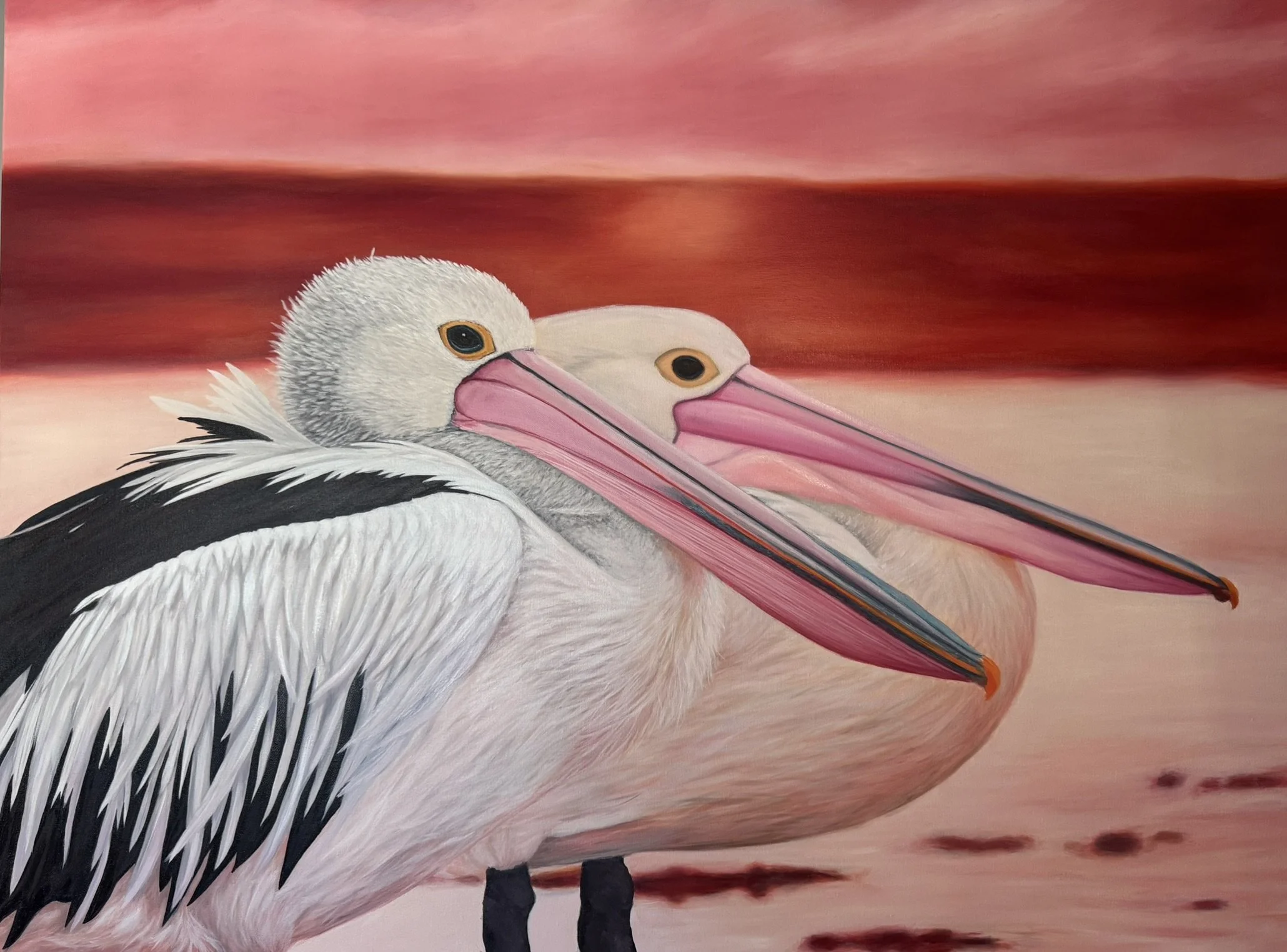Pelicans at dusk original wildlife painting by Australian artist Sheree Clayden