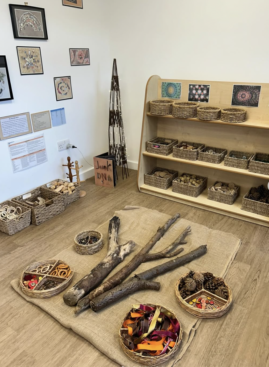 A room with woven baskets on shelves and the floor, containing wood pieces, ribbons, and craft supplies. Wall displays include framed artwork and informational posters.