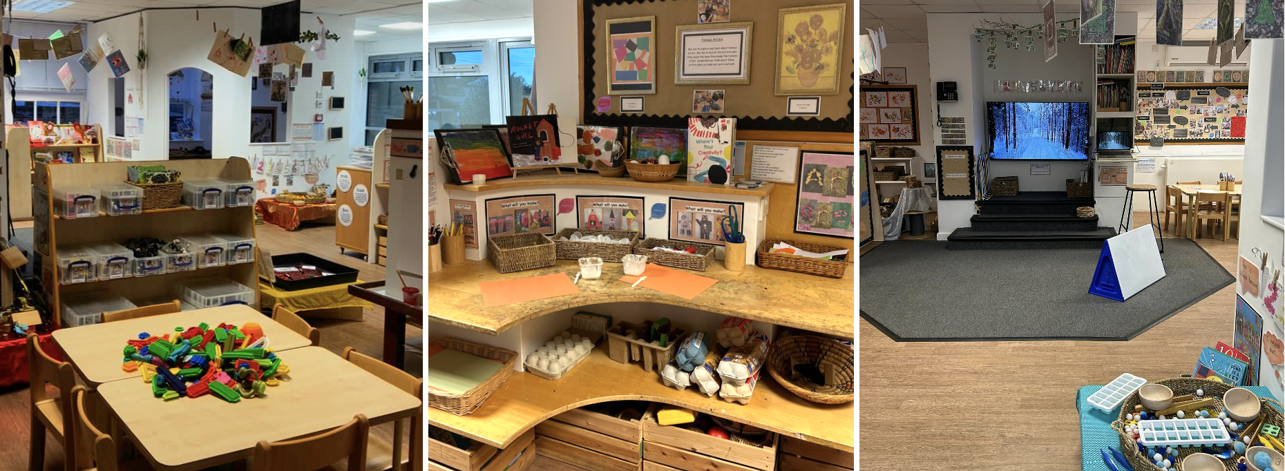 Three images of a preschool or kindergarten classroom showcasing various activity areas: art supplies, a craft station, and a cozy reading or storytelling corner with a TV and seating.