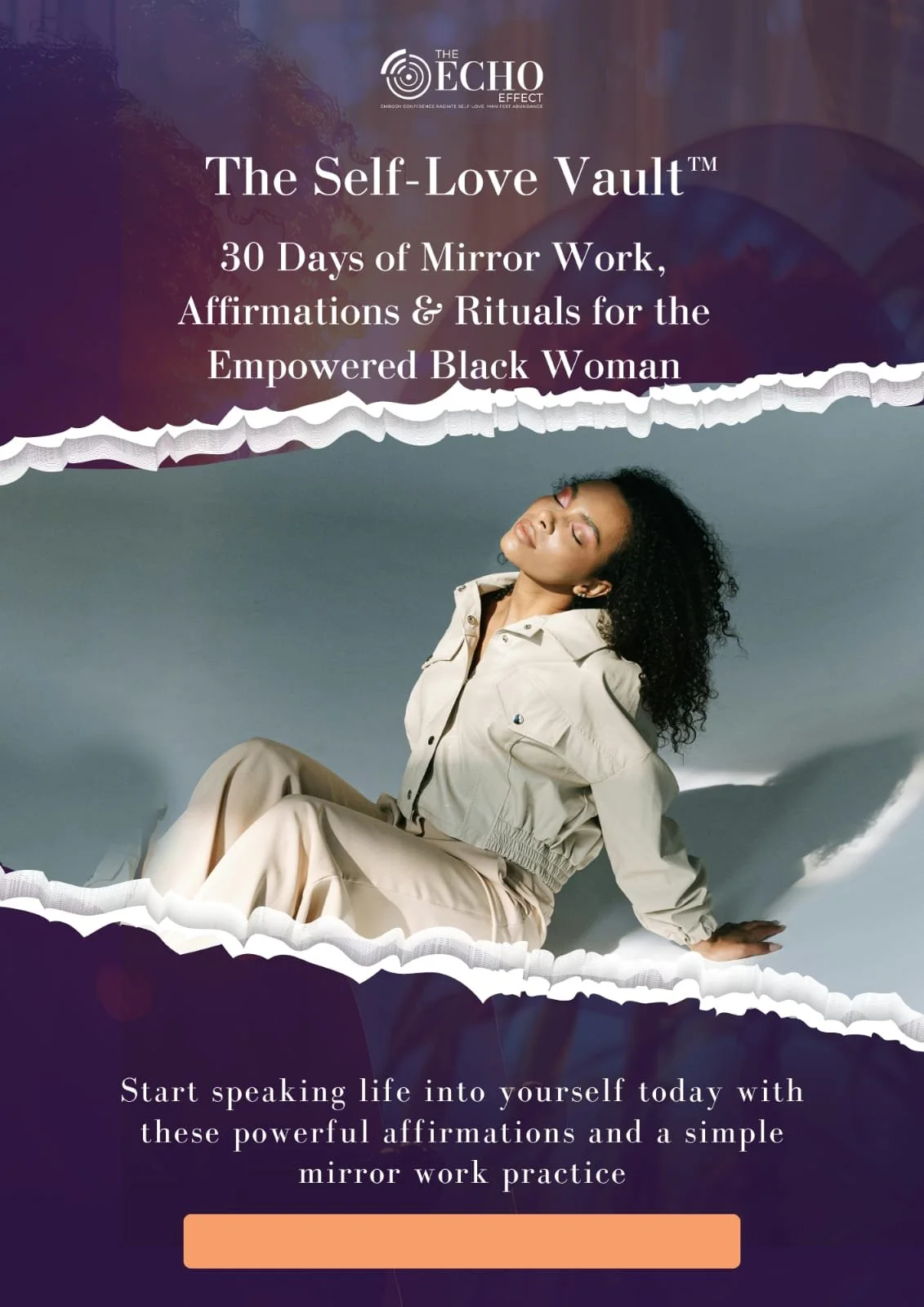 A woman with curly hair, wearing a beige jacket and pants, is sitting with her eyes closed against a plain grey background. The top of the image features text about a self-love program, titled 'The Self-Love Vault,' related to mirror work, affirmations, and rituals for empowered Black women. The text encourages starting to speak life into oneself through affirmations and mirror work.