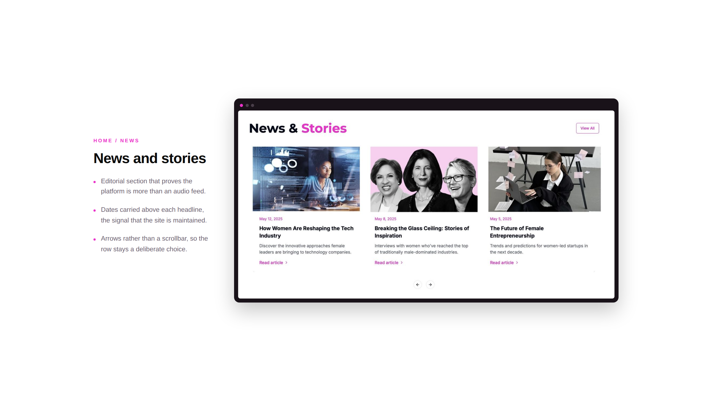 Screenshot of a news website with articles about women in technology, featuring images of women and headlines about their achievements and entrepreneurship.