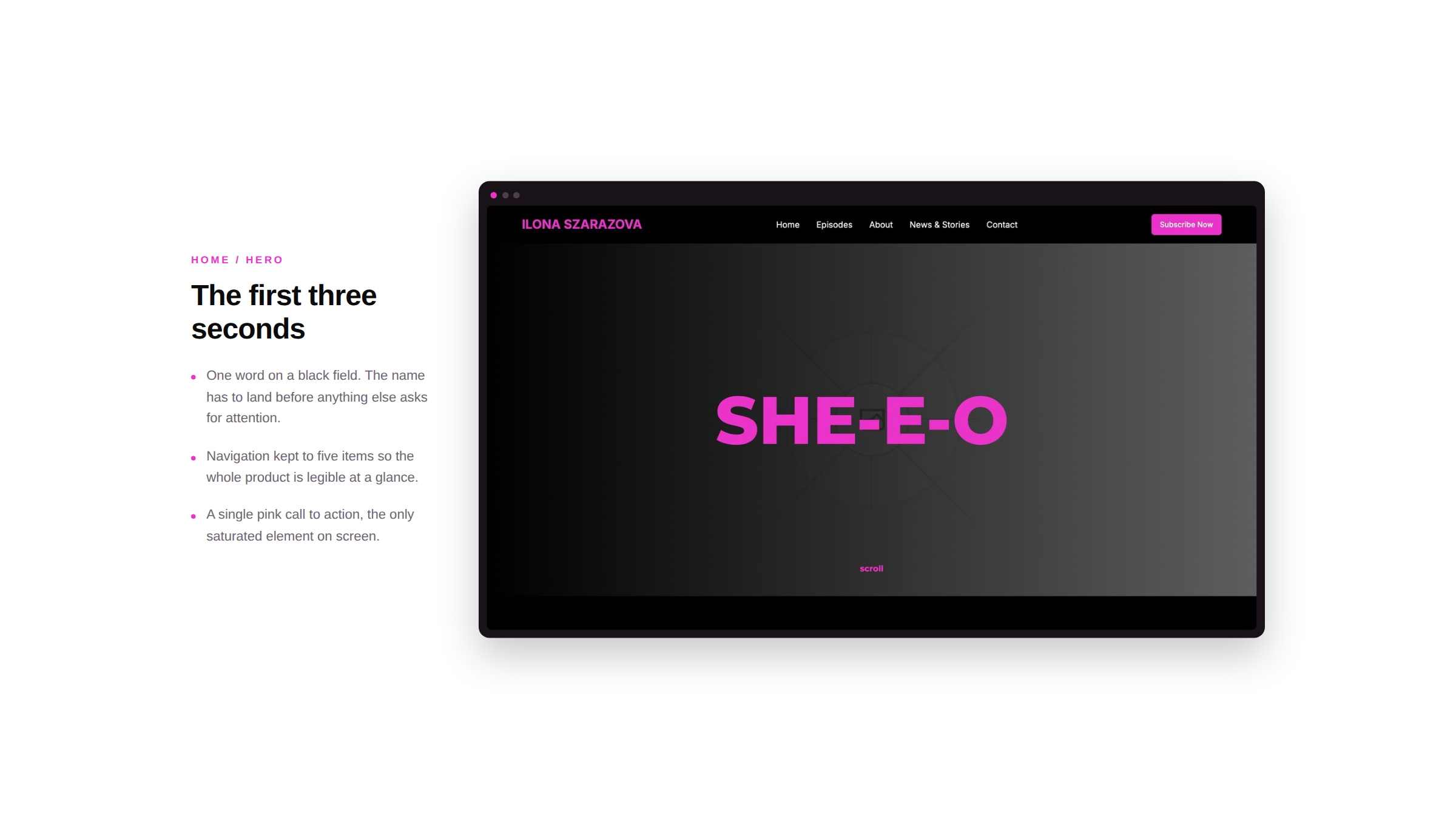 A computer screen displaying a website with a black and pink theme, with the word 'SHE-E-O' in large pink letters on the right side and some text and navigation links on the left side.