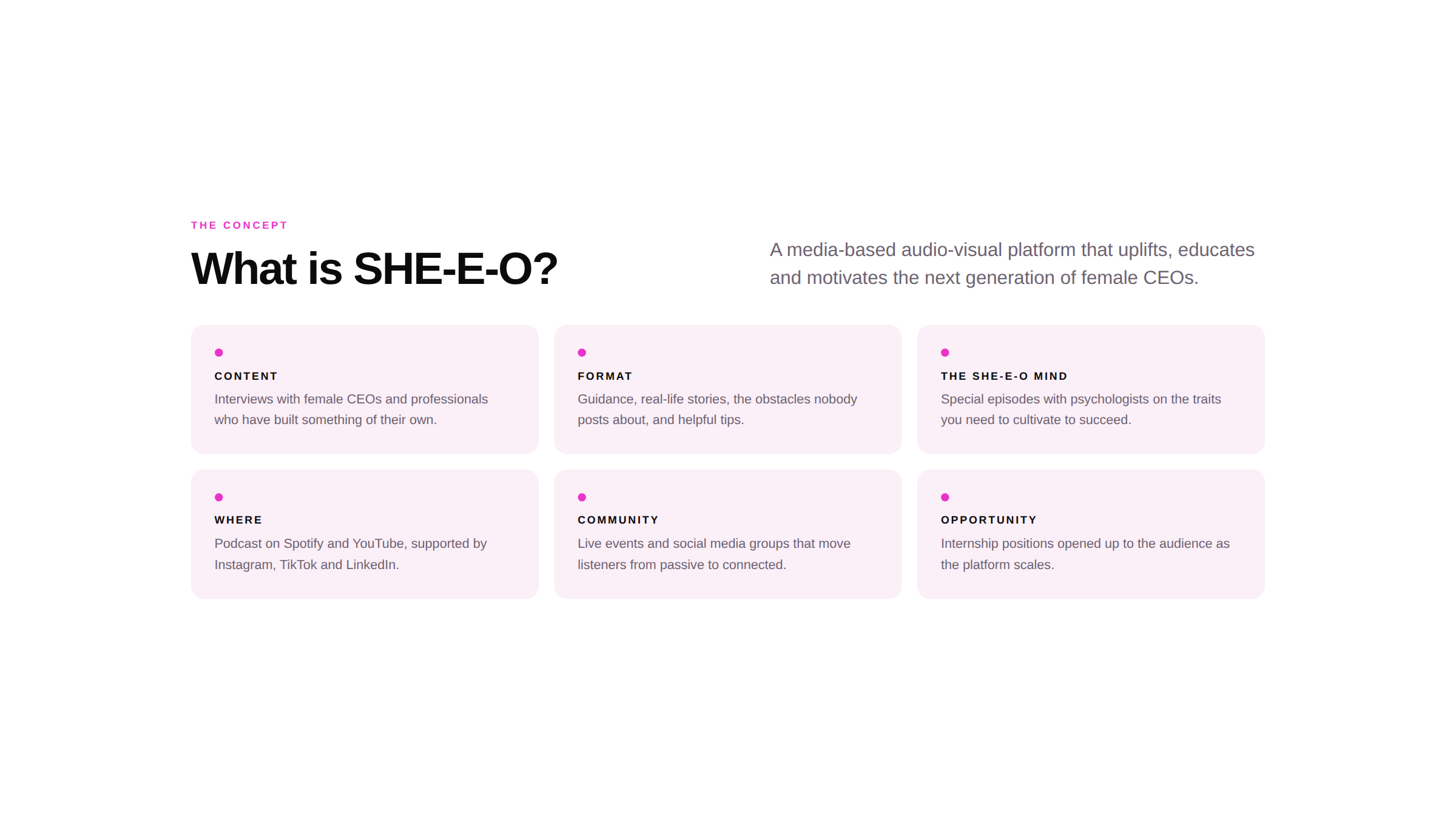 Screenshot of a webpage explaining the concept of SHE-E-O, a platform that features interviews, guidance, psychology episodes, and community events for female CEOs.