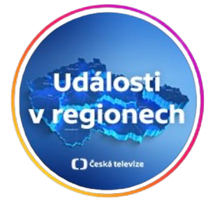 Text in Czech over a blue map of the Czech Republic with a circular colorful border, reading 'Události v regionech' and 'Česká televize'.
