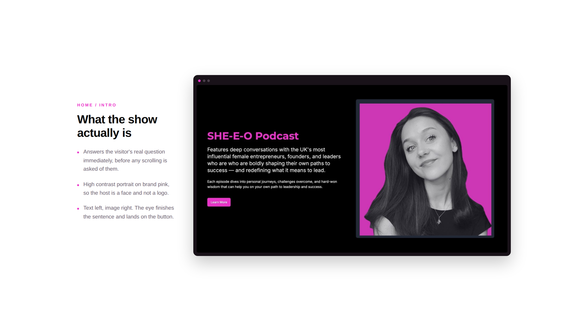 A webpage open on a computer screen showcasing a podcast titled "SHE-E-O Podcast" with a black and pink color scheme. It features a black and white portrait of a woman on a purple background on the right side.