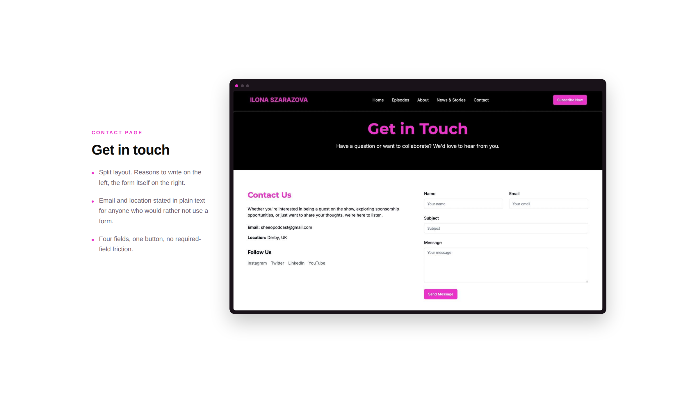 Screenshot of a web page titled 'Get in Touch' with a contact form on a dark background and pink accents. The page includes fields for name, email, subject, and message, along with social media links and a 'Send Message' button.