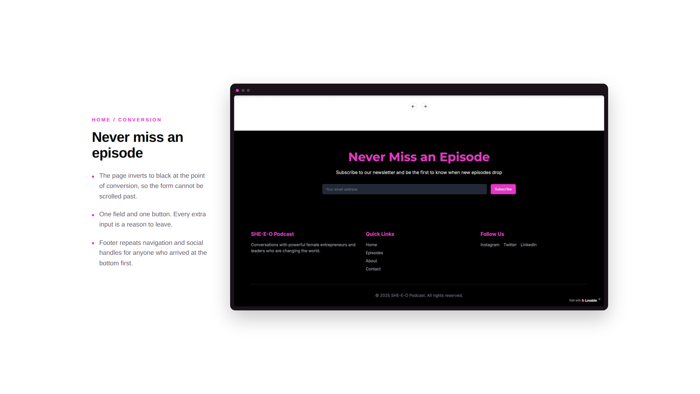 Screenshot of a webpage titled 'Never miss an episode' with a newsletter subscription box, navigation links, and social media icons at the bottom.