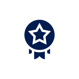 A badge with a star inside a blue circle and ribbons underneath