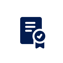 Icon of a document with a checkmark and a ribbon badge, indicating certification or approval.