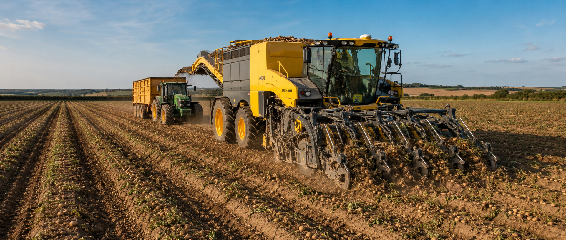 Large yellow and gray potato harvesting machine in a field, with a green tractor attached, under a blue sky with scattered clouds.