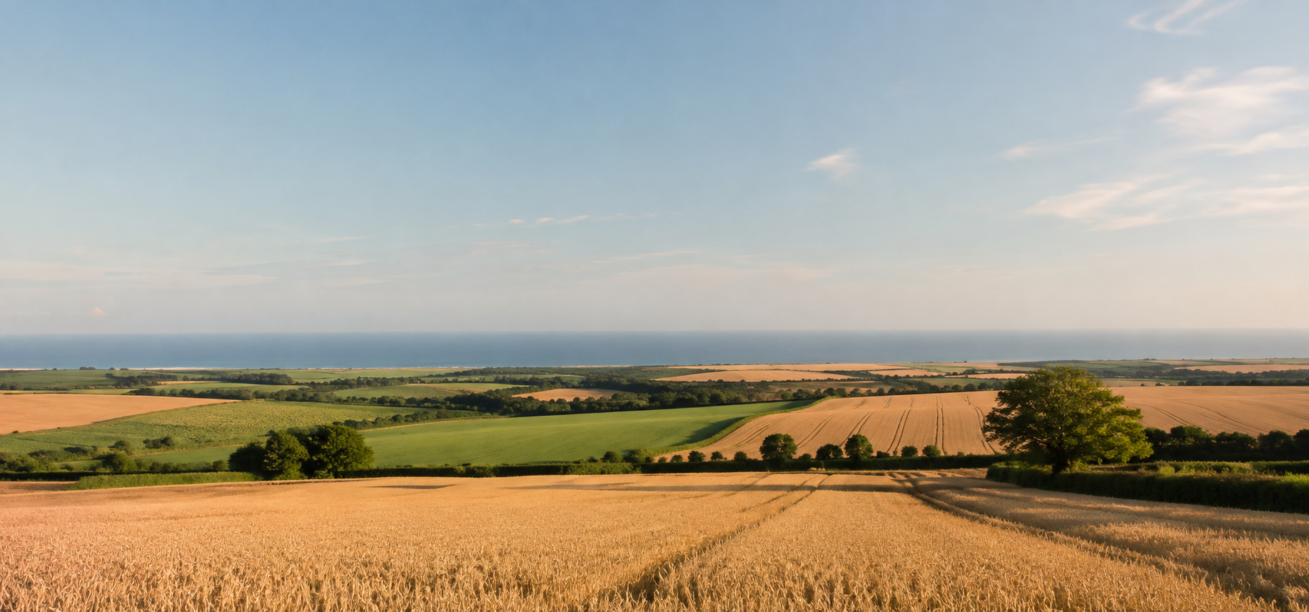 A panoramic landscape of farmland with golden wheat fields, green pastures, and scattered trees under a blue sky with light clouds and an ocean in the background.