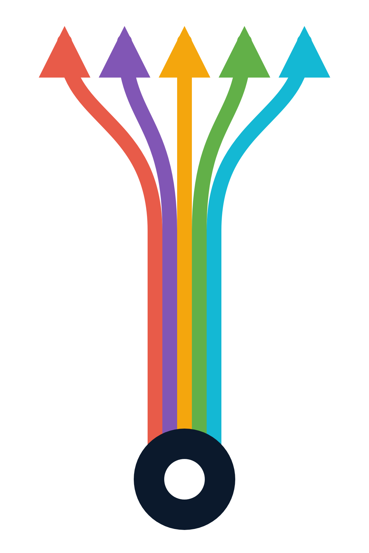 A stylized illustration of a turntable with five colored arrows shooting out from it, representing sound or music waves in red, purple, yellow, green, and blue.