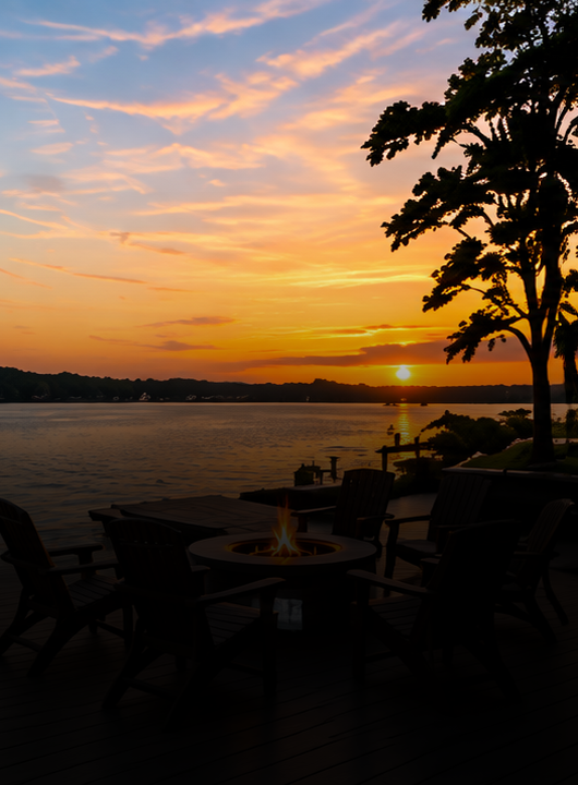 Sunset over a lake with a view of a private dock, surrounded by trees, and a fire pit with chairs on a wooden deck.