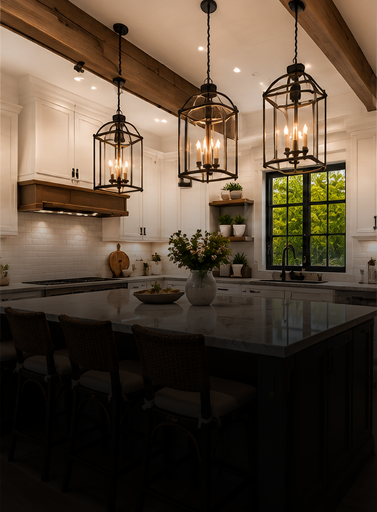 Modern kitchen with white cabinets, a large kitchen island, three hanging pendant lights, open shelving with plants, a window with greenery outside, and chairs around the island.