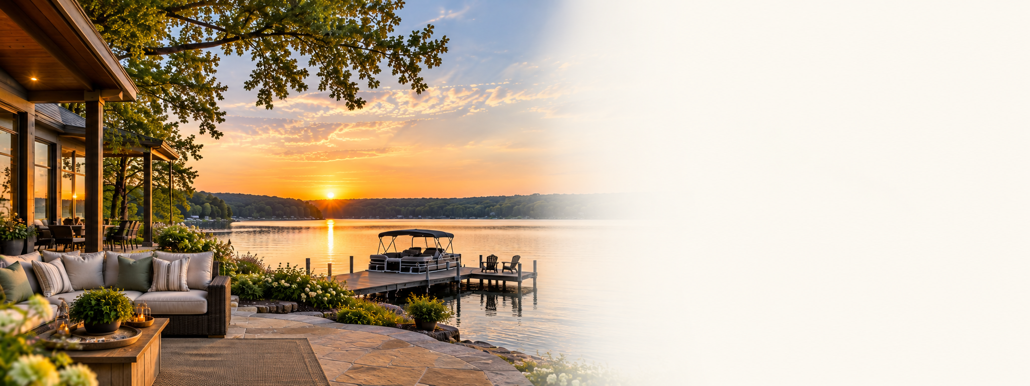A lakeside porch at sunset with outdoor furniture, potted plants, a dock with a boat, and trees reflecting in the water.
