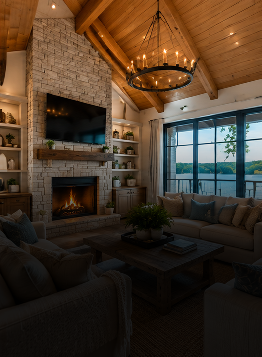 Living room with a stone fireplace, mounted TV, wooden shelves with decorations, a chandelier, large windows showing a lake view, and cozy sofas with cushions.