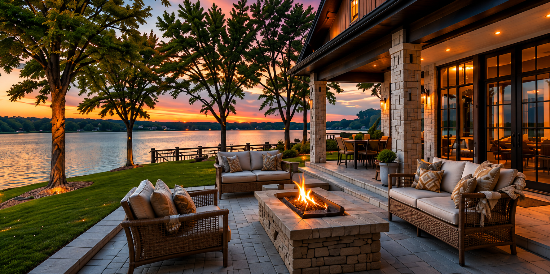 Outdoor patio with wicker sofas and chairs around a fire pit, overlooking a water body at sunset with trees and a house in the distance, modern house with large glass doors and warm lighting.