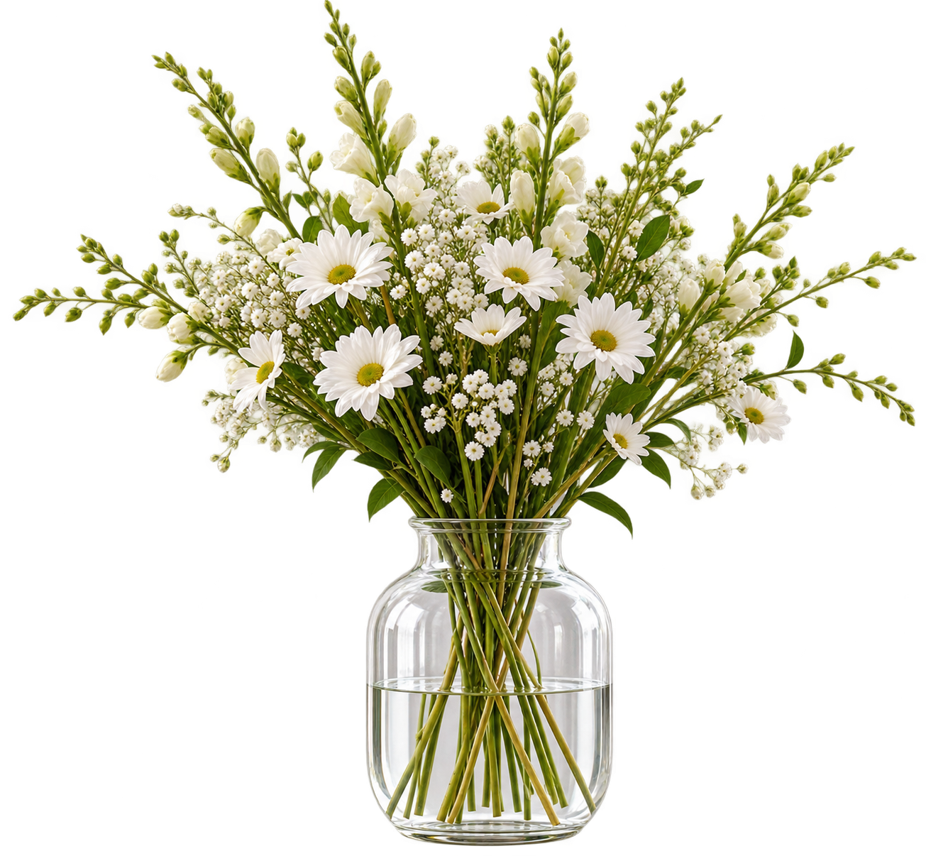 A bouquet of white daisies, baby's breath, and other white flowers in a clear glass vase on a white background.